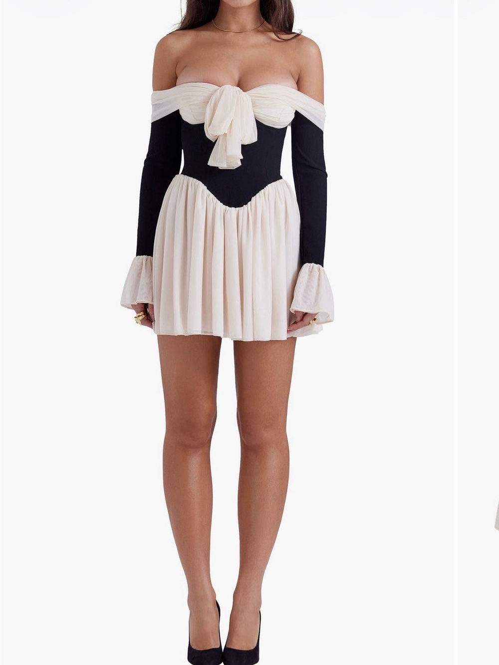 House of CB Off-Shoulder Mini Dress in Black and Cream